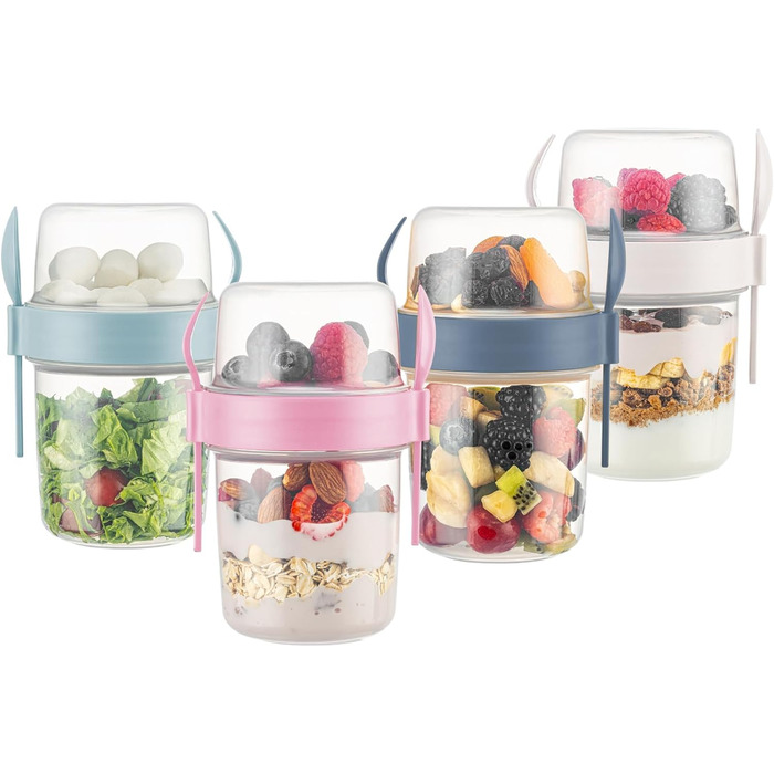 Стаканчик для йогурту IDOBY з ложкою та виделкою, набір з 4 шт. , 650 мл, 100 без бісфенолу А. Практичний стаканчик для пластівців, багаторазовий стаканчик для сніданку, ідеально підходить для школи та офісу.