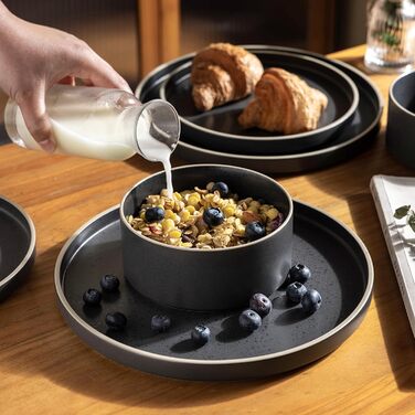 Набір посуду LeRatio для 6 осіб, 18-предметний набір керамічного посуду, керамічна миска та тарілка, стійкі до подряпин (18-предметний набір, антрацитово-сіро-білий обідок з цятками)