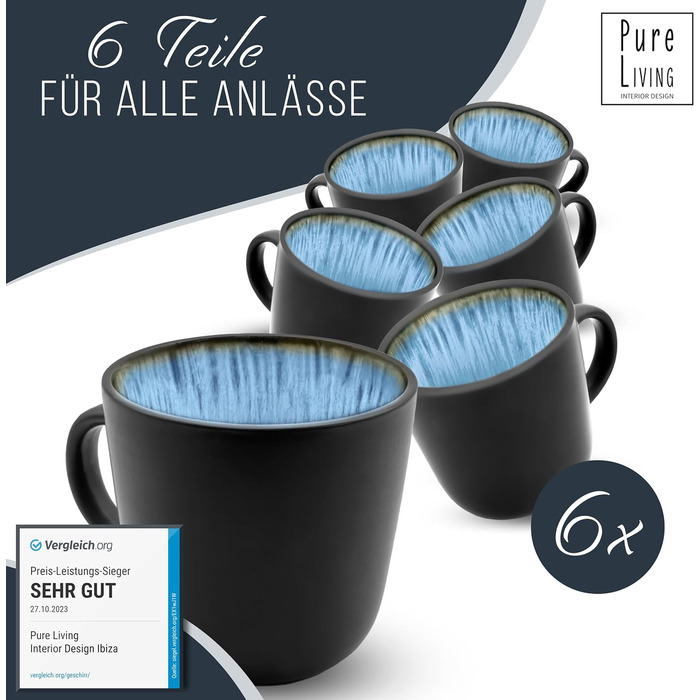 Керамогранітна глибока тарілка ТЕСТ ДУЖЕ ХОРОШИЙ Серія Ibiza Тарілки для макаронів Noble, тарілки для супу Deep стильні тарілки для пасти 6 персон - Набір посуду 6 персон, обідні тарілки, набір посуду Чорний з (кухоль (6x), темно-синій), 6 шт.