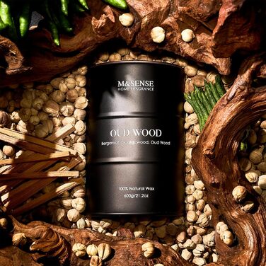 Ароматичні свічки M&SENSE з натурального соєвого воску, натуральна соєва свічка для домашнього декору, тривалий час горіння до 70 годин, стильні подарунки-свічки для чоловіків і жінок (600 г, дерево уд)