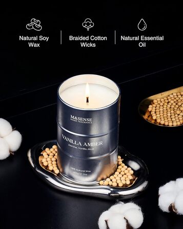 Ароматичні свічки M&SENSE з натурального соєвого воску, натуральна соєва свічка для домашнього декору, тривале горіння до 70 годин, класні подарунки-свічки для чоловіків і жінок (600 г, ванільно-янтарний)