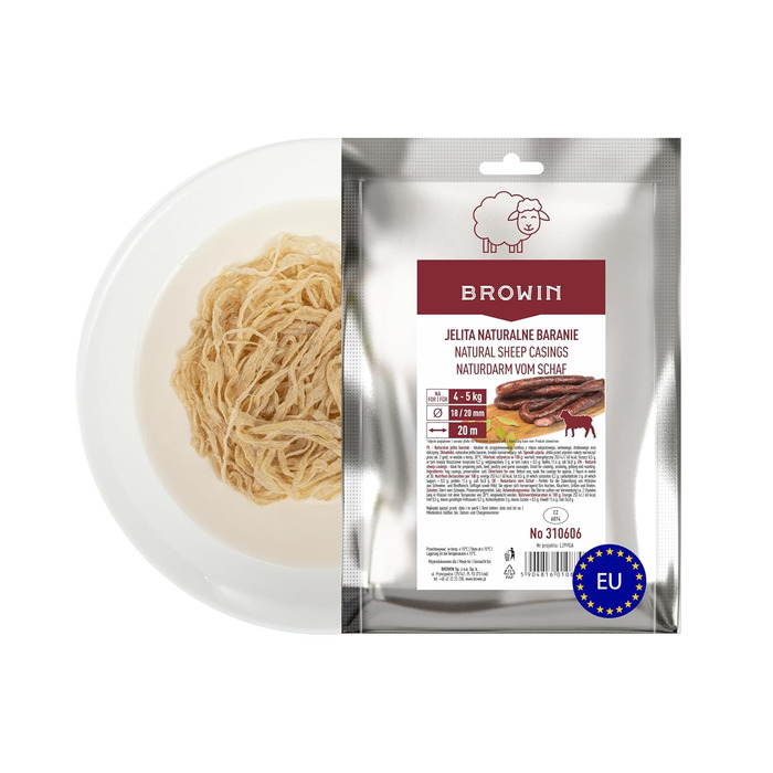 Натуральна оболонка для ковбас Натуральна оболонка вищого сорту для домашньої ковбаси, ялівцевої ковбаси, білої ковбаси, сардельки (калібр 18/20 мм, 91 метр, овеча оболонка)