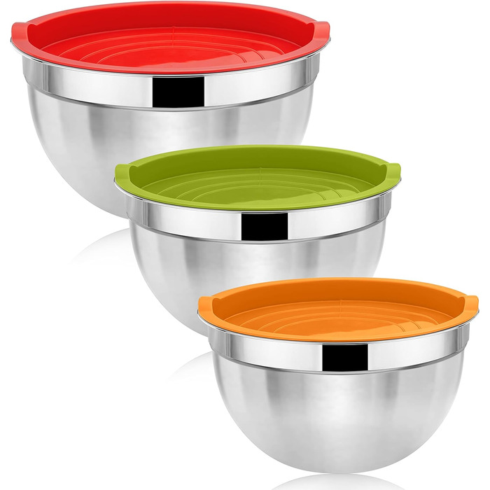 Набір мисок для змішування Herogo з 3 шт. , гніздова миска з нержавіючої сталі з герметичними кришками, металеві миски для подачі салату для запікання, нетоксичні та нержавіючі, придатні для миття в посудомийній машині (4.5/2.7/1.5 QT) (різнокольорові)