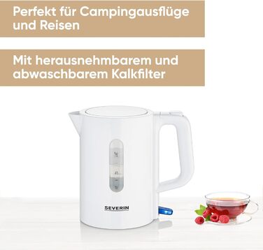 Набір дорожніх чайників SEVERIN, міні-дорожній чайник на 0,5 л, електричний чайник з 2 пластиковими чашками та 2 ложками, матова нержавіюча сталь/чорний, WK 3647 (білий)