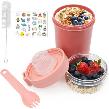Стаканчик для пластівців 870 мл з ложкою та щіточкою, рожевий Forbabe