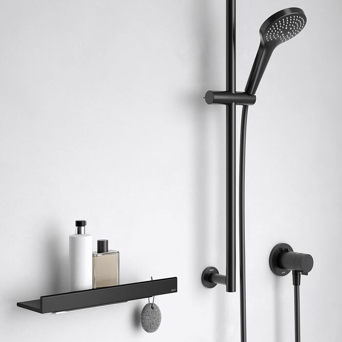 Душова полиця Keuco зі скляним ракелем з алюмінію, чорна, знімний кошик, зі зливними отворами, 35x6.6x11.6см, настінна, Reva Black Selection