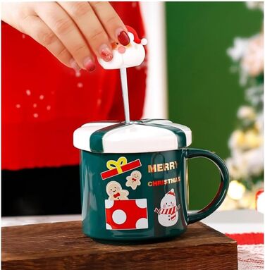 Різдвяний кухоль 400 мл з кришкою та ложкою, зелений з принтом сніговика SuperglockT