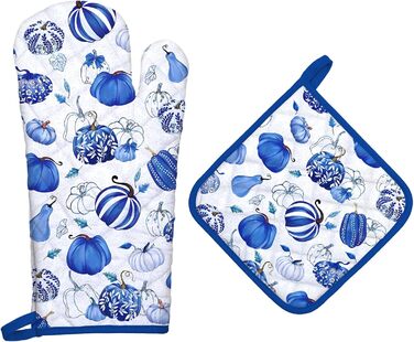Набір з 2 різдвяних рукавиць для духовки та підставки для каструль Arquiel, 100 бавовняні кулінарні рукавички, термостійкі кухонні рукавички для приготування їжі, різдвяні подарунки для жінок (синій гарбуз, рукавичка для духовки підставка для каструль)