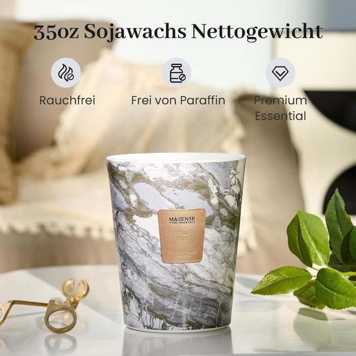 Ароматизована свічка M&SENSE велика Чорні ароматизовані свічки у склянці Ароматизована свічка з натурального соєвого воску Розслаблююча ароматерапія Подарунок для жінок та чоловіків, Різдво Час горіння 75 годин та 2 ґноти (евкаліпт-м&39ята, 990 г)