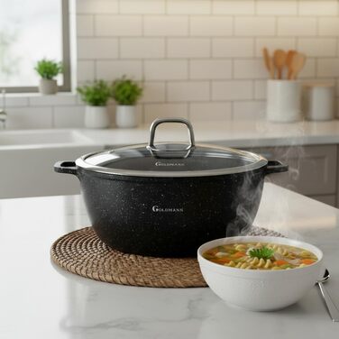 Каструля/горщик GOLDMANN з антипригарним покриттям та скляною кришкою, 6,5 л, мармурове керамічне покриття, для всіх варильних поверхонь, екологічно чиста (32 см)