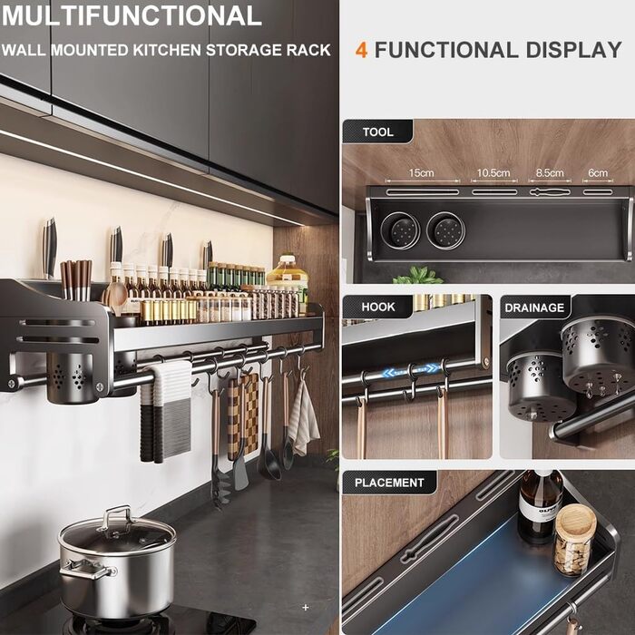 Настінний органайзер для кухонного приладдя 80 см срібний GMTstore