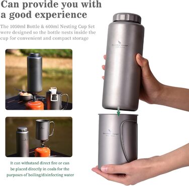 Безмежна титанова чашка Voyage з плоскою кришкою Титанова спортивна пляшка для води 35.5 рідких унцій/1050 мл Надлегка, герметична для кемпінгу на відкритому повітрі, походів (чашкапляшка)