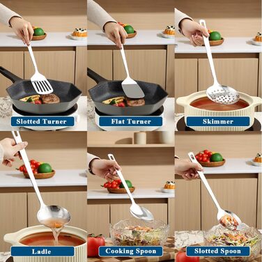 Набір кухонного начиння ReaNea з нержавіючої сталі, 26 предметів, міцний кухонний набір інструментів з гачками, набір металевих лопаток, міцне дзеркально-поліроване кухонне начиння для всіх кулінарних завдань