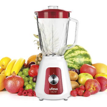 Блендер Ufesa BS4717 RUBY RED, потужність 500 Вт, об'єм 1,5 л, кришка з герметичним ущільненням, 2 налаштування швидкості імпульси, 4 леза з нержавіючої сталі, рубіново-червоний 1500 Вт