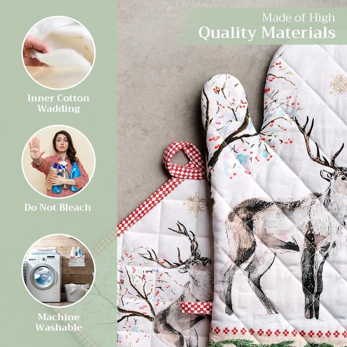 Рукавички для духовки, прихватки для каструль Maison d&39 Hermine, 100 бавовна, термостійкі кухонні рукавички, рукавички для духовки (19 x 33 см) та прихватки для каструль (20 x 20 см) для приготування їжі, Морзін - Рукавички для духовки (19 x 33 см) та п