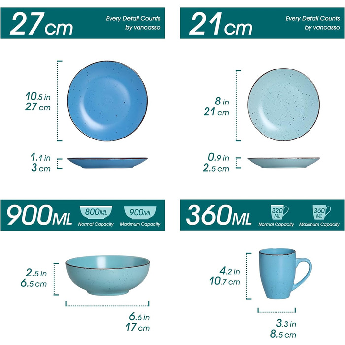 Столовий сервіз з керамограніту, набір посуду vancasso MODA, вінтажний зовнішній вигляд, комбінований сервіз із 40 предметів з 8 обідніми тарілками, тарілками для тортів, суповими тарілками, мисками та чашками кожна (синій колір, комбінований сервіз 16 шт