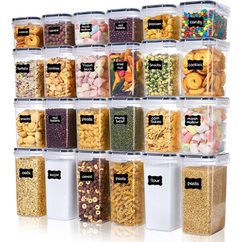 Набір банок для зберігання Vtopmart, насипні банки для мюслі та контейнери для зберігання харчових продуктів, пластикові банки для зберігання герметичні, набір із 24, 24 етикетки для зерна, борошна, цукру тощо SVM02034 ЄС