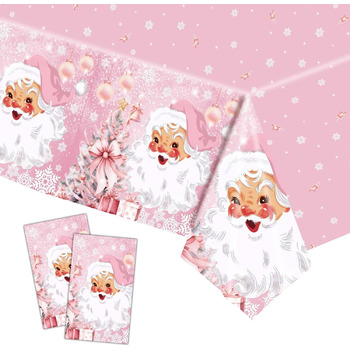 Різдвяні скатертини, одноразові різдвяні скатертини, великі прямокутні скатертини у формі Санта-Клауса, сніговика, обідні скатертини для різдвяної вечірки (137 x 274 см) (рожевий фон Санта-Клаус), 2