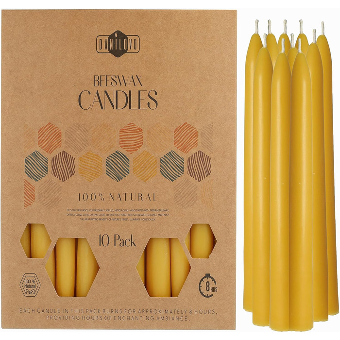 Воскові свічки Danilovo - Натуральні, екологічно чисті, довгогорючі воскові свічки для будь-якої нагоди та підсвічники - Свічки з ароматом меду, з чистого бджолиного воску (10, 20 см)