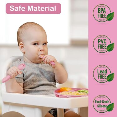 Силіконовий набір дитячого столового посуду Bizcasa з 9 предметів, нековзкий набір дитячого столового посуду, дитячий столовий посуд із присоскою, нековзна дитяча миска, дитяча тарілка, дитячий набір столових приладів для малюків, без бісфенолу А (темно-р