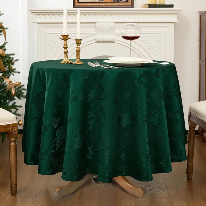 Маленька різдвяна скатертина Romanstile, яку можна прати та вона водовідштовхувальна, жакардові олені та ялинка, квадратна скатертина для журнального столика, святкова, подарункова ( 160 см, темно-зелена)