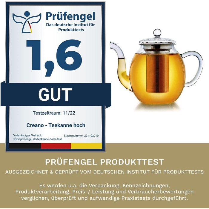 Чайник из Creano glass с крышкой для чая 500 мл из чайных цветов, чайных роз и листового чая, а также чайных пакетиков качественный, термостойкий (1 л)