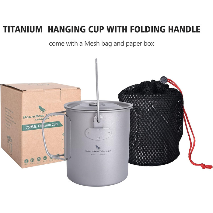 Безмежна подорож на відкритому повітрі 750 мл 800 мл 1100 мл 1300 мл Титанова каструля з кришкою Складна ручка для застави Кемпінг Піші прогулянки Пікнік Ультралегка портативна пляшка для води Чашка Кухоль Набір свиней (750 мл чашка свинина)