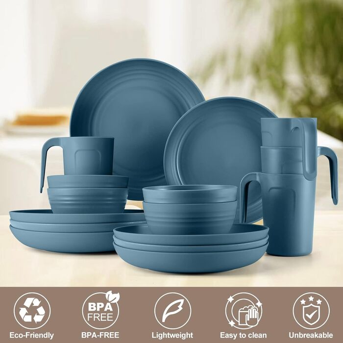 Набор пластиковой посуды для кемпинга на 4 персоны, 17 предметов, синий Odoland