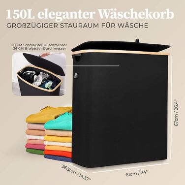 Ящик для білизни Hennez 150 л - Кошик для білизни 3 відділення - з кришкою - Сортувальник білизни з мішком для білизни - Кошики для білизни - Чорний бамбук - Контейнер для білизни - Система сортування білизни - Збірник білизни 2) Чорний 150л