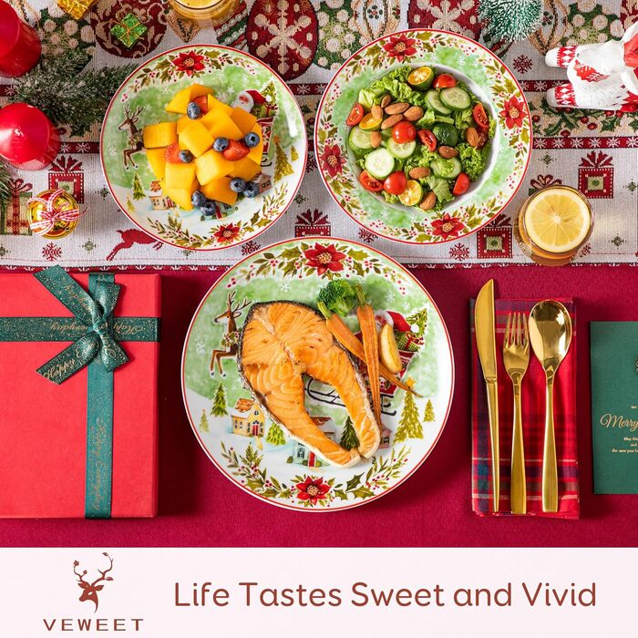 Серія 30-предметний порцеляновий різдвяний набір посуду для 6 осіб, різдвяний кавовий сервіз на 6 обідніх тарілок, 6 десертних тарілок, 6 супових тарілок, 6 кавових чашок та 6 блюдець (Різдвяний, 18-предметний обідній сервіз)