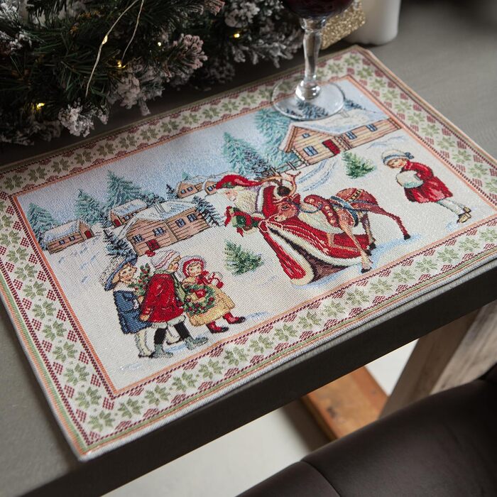 Різдвяна гобеленова скатертина Home of Christmas Скатертина на Різдво та Новий рік (Санта Клаус та діти (блискуча), серветка 35x45 см)