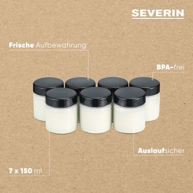 Порційні баночки 150 мл для йогуртниць, набір 7 предметів, чорні Severin