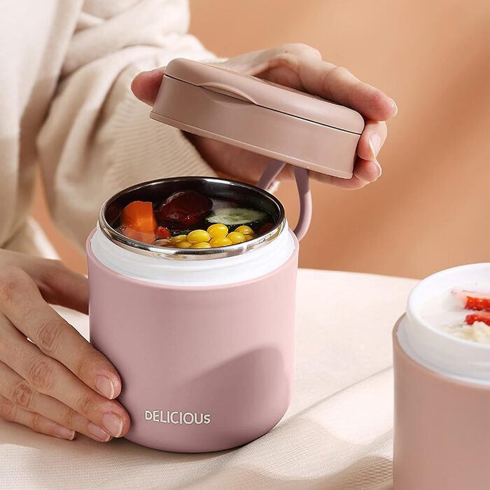 Герметичний ізольований харчовий контейнер, термоконтейнер, нержавіюча сталь, вакуумний харчовий контейнер з ложкою, для школи, роботи, пікніка (одношаровий) (рожевий)