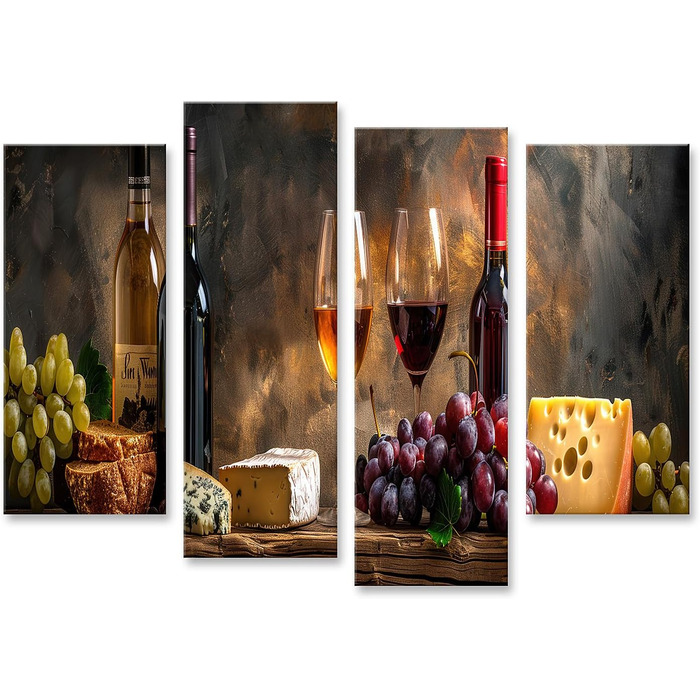 Друк на полотні Сільський натюрморт з пляшками вина, келихами, виноградом, сиром, хлібом на дерев&39яному столі Картини Настінний художній постер (полотно 130x80 см - 4 частини)
