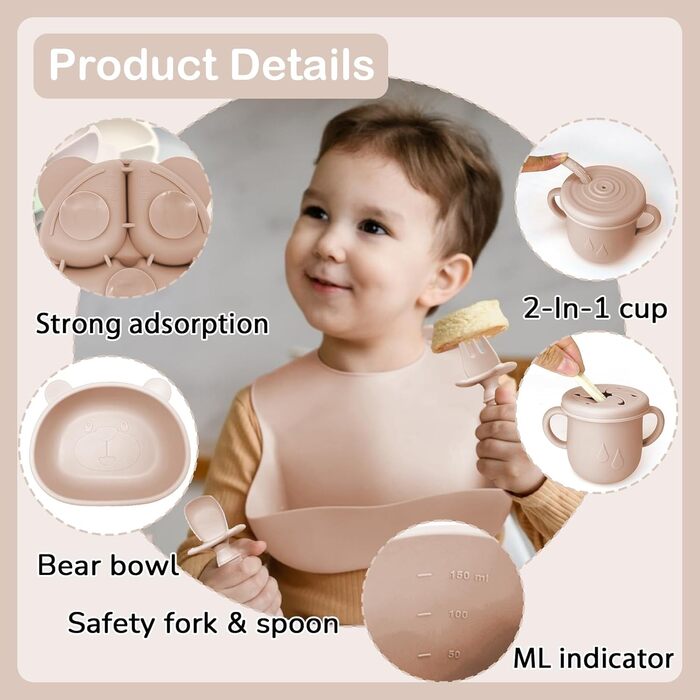 Набір дитячого посуду із силікону, 9 предметів, бежевий Bizcasa