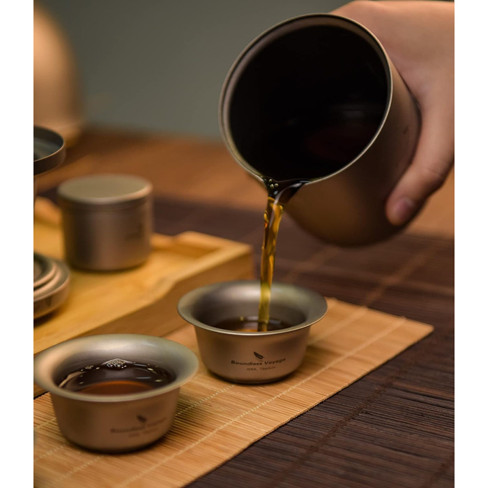 Чай iBasingo для одного набору Титановий чайник для подорожей на відкритому повітрі зі вставкою Кемпінг Портативний китайський чайний набір кунг-фу Двошарова чайниця з ситечком для чаю та 3 міні-чашки 40 мл Ti3105D (Ti3103d Чайник з фільтром)