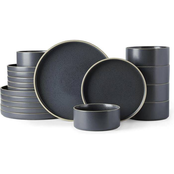 Набір посуду LeRatio для 6 осіб, 18-предметний набір керамічного посуду, керамічна миска та тарілка, стійкі до подряпин (18-предметний набір, антрацитово-сіро-білий обідок з цятками)