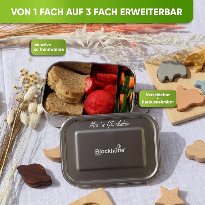 Коробка для обіду Blockhtte Premium із нержавіючої сталі I 1400 мл I Включає змінне ущільнення та 2 розділювачі I Покращена коробка для обіду є герметичною та легко миється I Для дітей та дорослих (срібло імена)