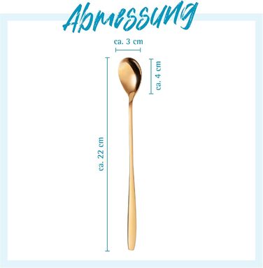 Набір ложок GRWE для лате макіато, золотий, 6 предметів, 22 см, довгі ложки, ложки для коктейлів, десертні ложки, ложки для морозива, ложки для кави з льодом, нержавіюча сталь, можна мити в посудомийній машині (золотий)