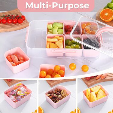 Коробка для снеків Luxear з 14 відділеннями, тарілка для снеків з кришкою та ручкою, багаторазова миска для снеків для дітей, органайзер для снеків, горіхів, фруктів, спецій, для пікніка на вечірці, можна мити в посудомийній машині, білий (рожевий, 1 комп