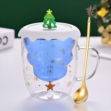 Милий різдвяний подарунок у вигляді кухля Syfunlv, різдвяні скляні чашки з подвійними стінками, кришкою та ложкою, чашка для еспресо, різдвяна чашка Грінча, склянки для чаю, чашка для молока, кавові чашки у формі ялинки (стиль 11)