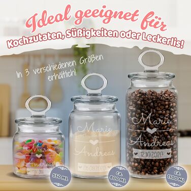 Скляна банка для печива з персоналізованим друком та гравіюванням - 800 мл - з сердечком, іменем та датою як подарунок для жінки на річницю Ідеї персоналізованих подарунків на річницю (550 мл)