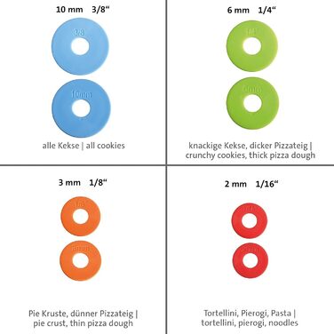 З 4 розпірними кільцями, по 1 кільцю по 10 мм, 6 мм, 3 мм, 2 мм, зі шкалами, нержавіюча сталь/пластик, сріблястий/білий/світло-блакитний/світло-зелений/помаранчевий/червоний, 30452260 нержавіючий ролик для випічки