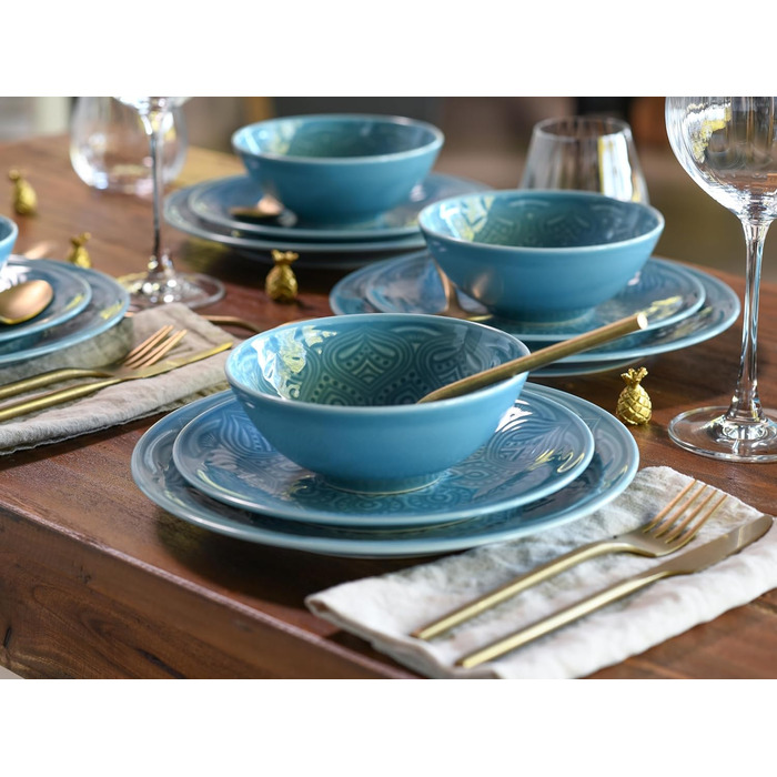 Серія Набір посуду Orient Mandala з 18 предметів, набір порцелянових тарілок (набір тарілок 12 предметів, аквамарин), 21627