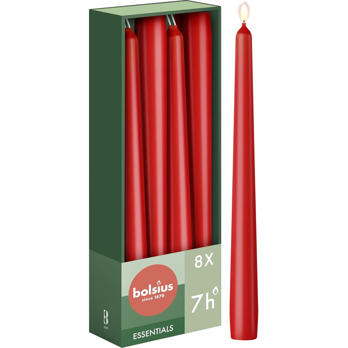 Набір з 8 конічних свічок 2,4 x 24,5 см, червоний Essentials Bolsius