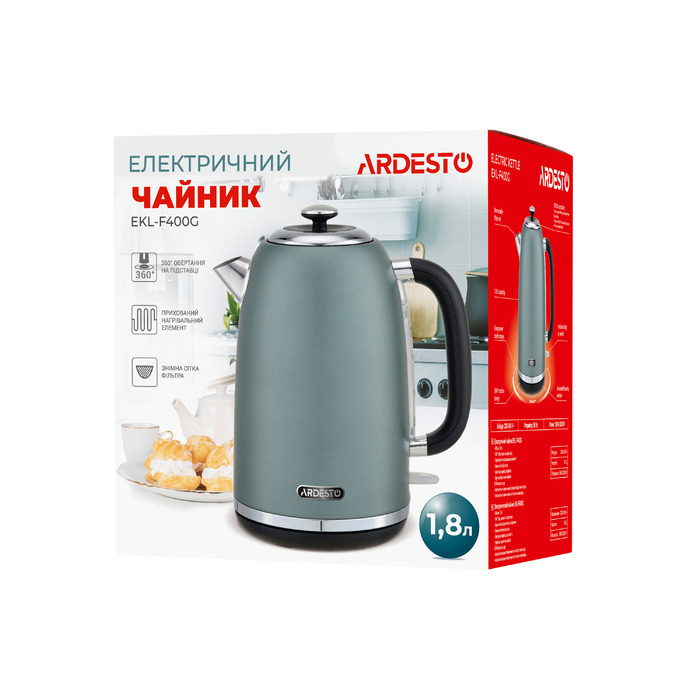 ARDESTO Электрочайник EKL-F400G 1.8л/2200Вт/strix контроль/нерж. сталь/мятный