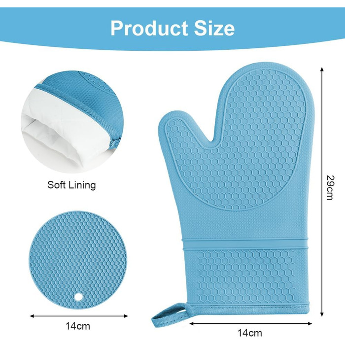 Набір рукавичок для духовки AUAUY, 1 пара силіконових рукавичок для духовки з 2 тримачами для каструль, нековзні кулінарні рукавички, термостійкі рукавички для духовки, рукавички для кухні, приготування їжі, випічки, гриля, барбекю (сині)