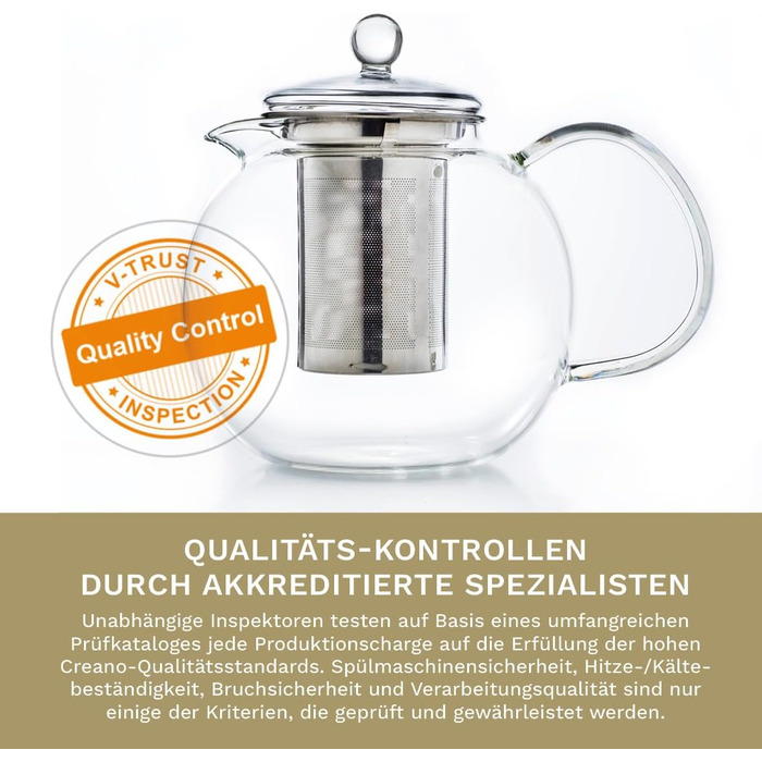 Скляний чайник Creano 1.3 л, скляний чайник із 3 частин із вбудованим ситечком з нержавіючої сталі та скляною кришкою, ідеально підходить для приготування сипучих чаїв, без крапель, моноблок (1,7 л)