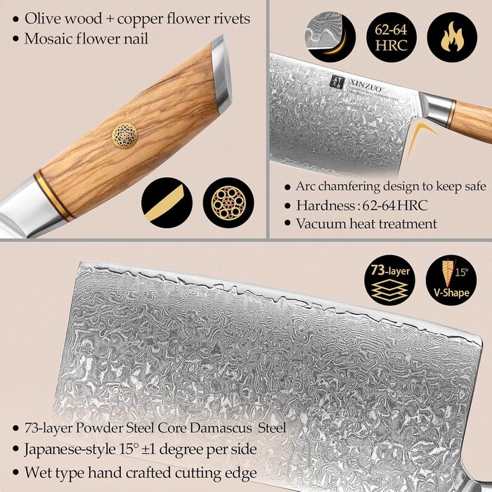 Китайський кухарський ніж-тесак 19 см, дамаська сталь XINZUO