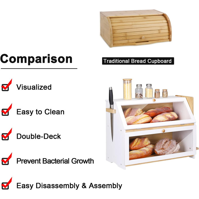 Хлібниця Leader Accessories з бамбука, 2-ярусна, для безпечного зберігання хліба, легкий догляд, 39x25x32 см, чорна (39x25x32 см/15,3&39x9,8&39x12,6&39) (біла (50x25x37 см/19,7&39x9,8&39x14,5&39))